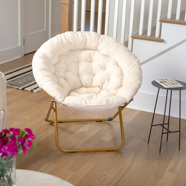 Flash Furniture Gwen 38" Oversize Portable Faux Fur Folding Saucer Moon Chair for Dorm and Bedroom, Ivory Sherpa/Soft Gold Frame FV-FMC-025-IV-SGD-GG - main